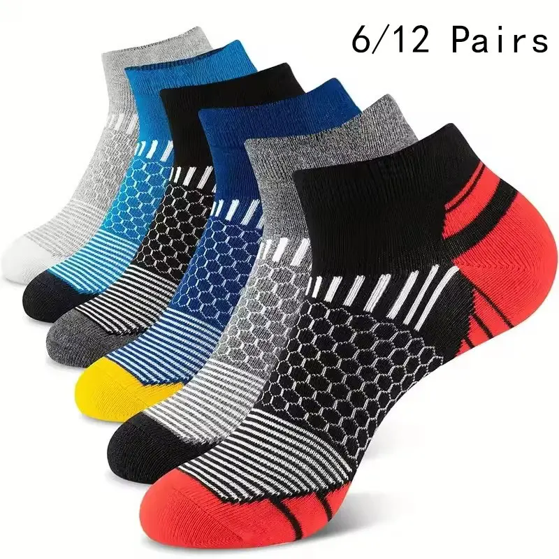 6/12 Pairs Men's Colorful Low Cut Ankle Socks Classic Black Business Casual Socks Breathable Comfortable Short Socks