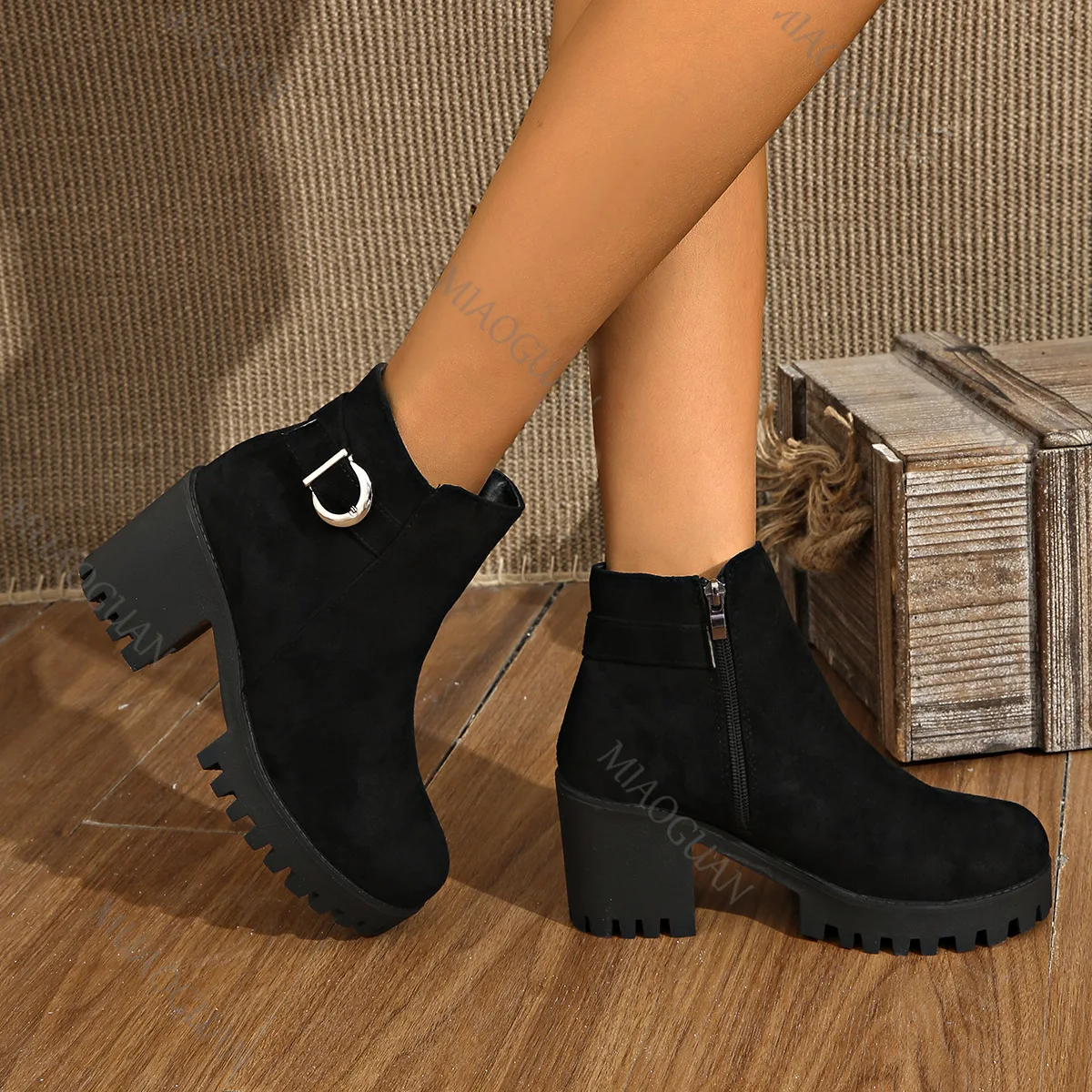 

Women Elegant Platform Round Toe Zipper Ankle Boots Autumn Belt Buckle Casual Suede Solid Women's Shoes High Heeled Short Botas