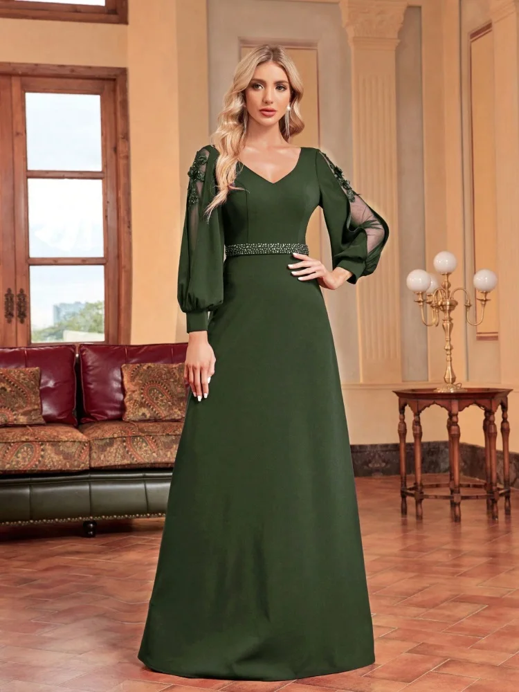 Lucyinlove Plus Size Luxury Empty Long Sleeves Floor Length Evening Dress Women Elegant Weedding Party V-neck Cocktail Prom