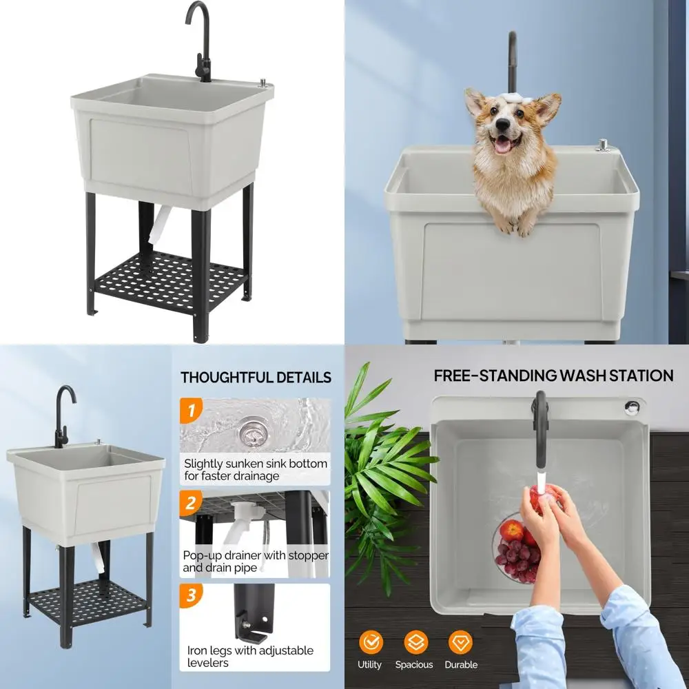 

Отдельно стоящая раковина для стирки со смесителем из нержавеющей стали для стиральной комнаты, серая, 23,6 В x 23,6 Г x 36,2 В, идеально подходит для умывальника