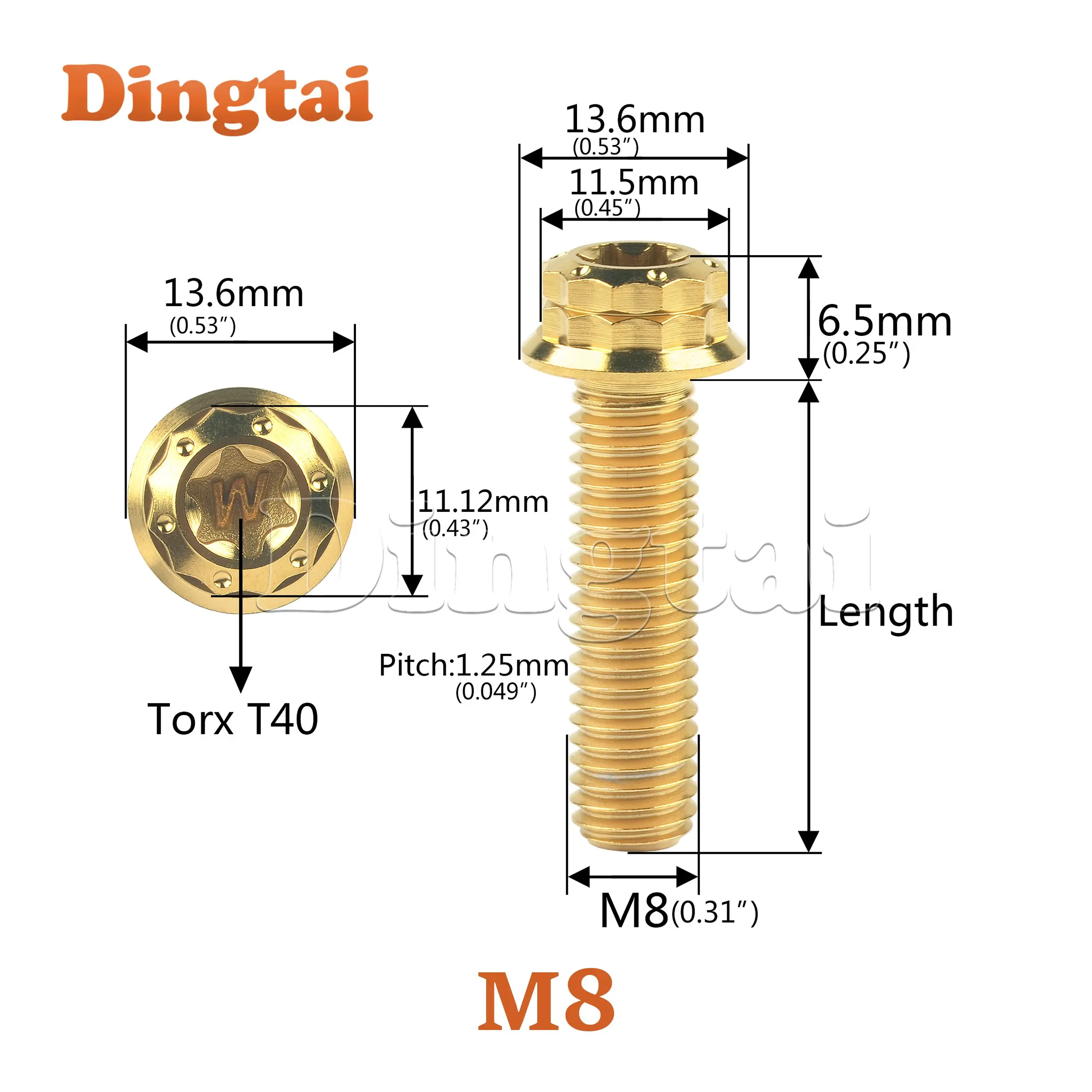 Dingtai Titanium Bolt M8x15 20 25 30 35 40 45 50 55 60 65 80mm T40 Torx Flange 12 Points  for Cars Motorcycles