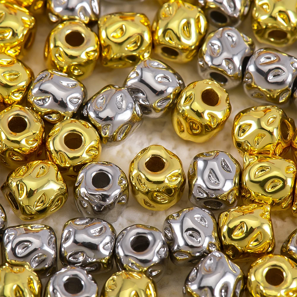 18K Gold Plated Irregular Concave Pattern Beads Rectangle Bracelet Striped Cut Loose Spacer Bead for DIY Jewelry Making Supplies