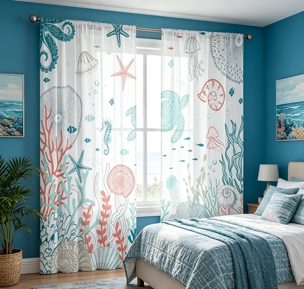 2PCS Digital Printed Sheer Curtain, Summer Ocean Sea Theme, Coastal Beach Nautical Vacation for Living Room Bedroom Home Decor - view 2