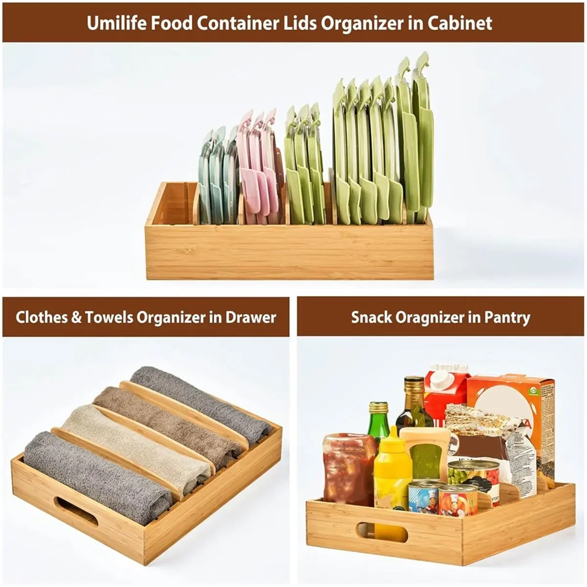 

Органайзер для кухонных шкафов с крышками, бамбуковый ящик с регулируемыми разделителями для хранения и организации на кухне