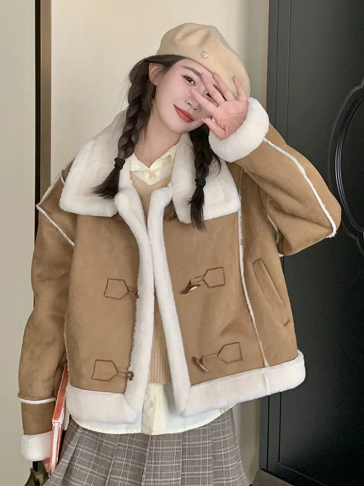 

Vintage Faux Lamb Suede Jacket Women Long Sleeve Autumn Winter Warm Female Coat Fashion Casual Retro Hip Hop Loose Outwear