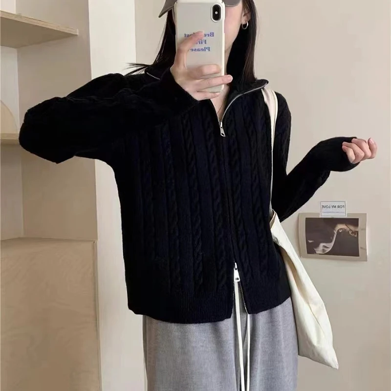 2024 Autumn/Winter New High Collar Cashmere Knitted Cardigan Women\'s Wool Sweater Cardigan Loose Korean Fashion Jacket