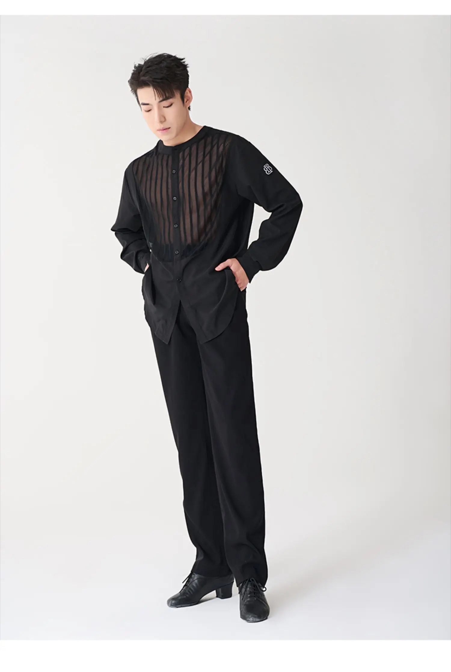 Maßgeschneiderte lateinamerikanische Gesellschaftstanzkleidung für Herren, hochwertiger professioneller Übungsanzug, langärmelige Oberteile, Performance-Kostüme