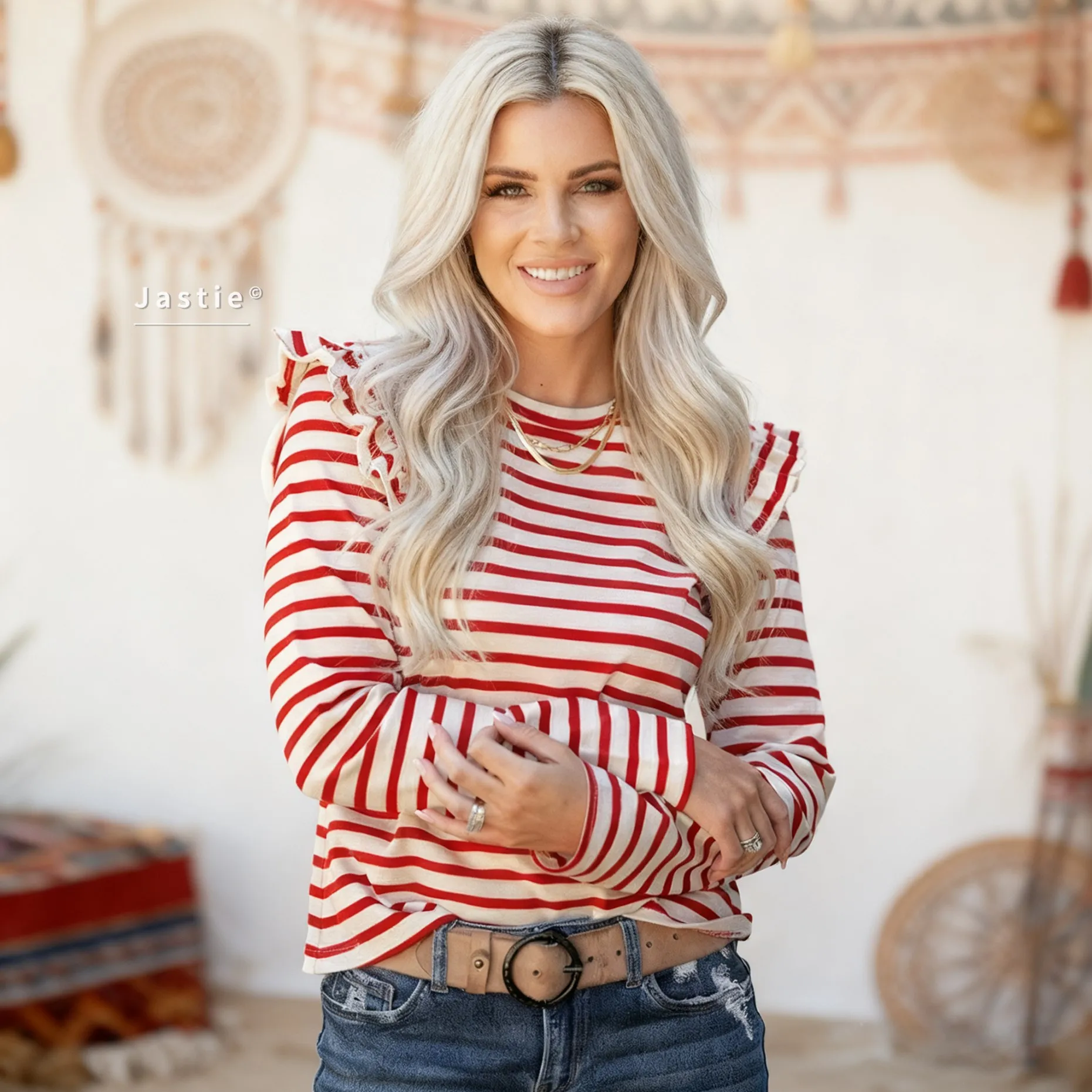 

Женская красно-белая полосатая блузка с длинными рукавами и рюшами на плечах, облегающая блузка с круглым вырезом, повседневная футболка в стиле бохо, весна 2026