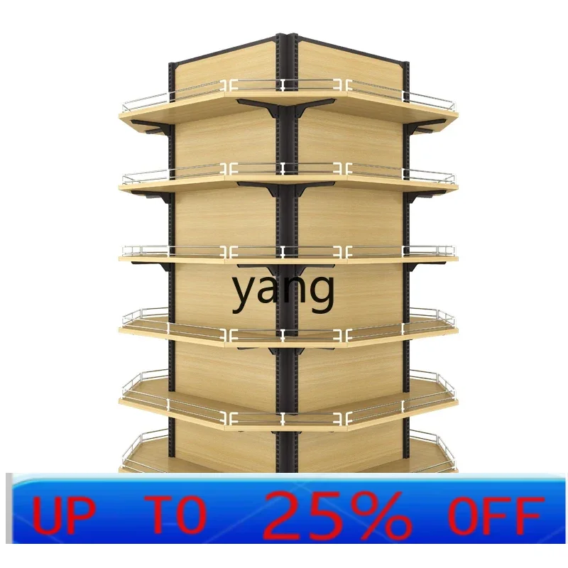 

lmm steel and wood combination bag pillar shelf, supermarket convenience store middle multi-layer column shelf