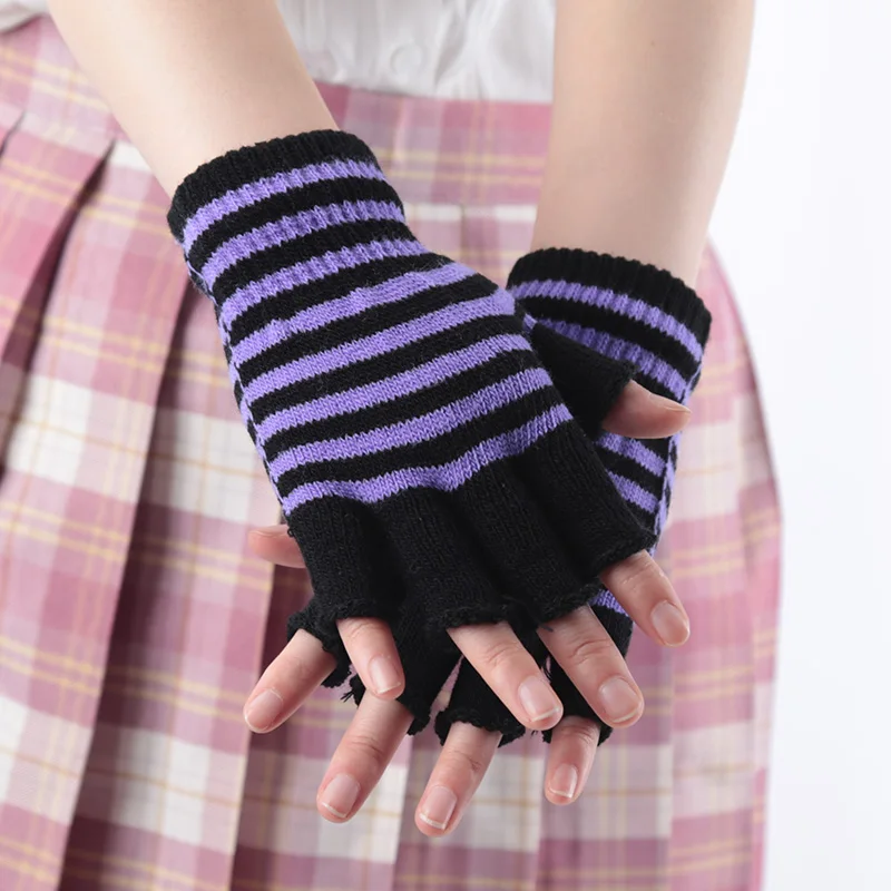 1Pair Black Stripe Half Finger Fingerless Gloves for Women and Men Knit Wrist Cotton Winter Warm Outdoor Gothic Lolita Mittens