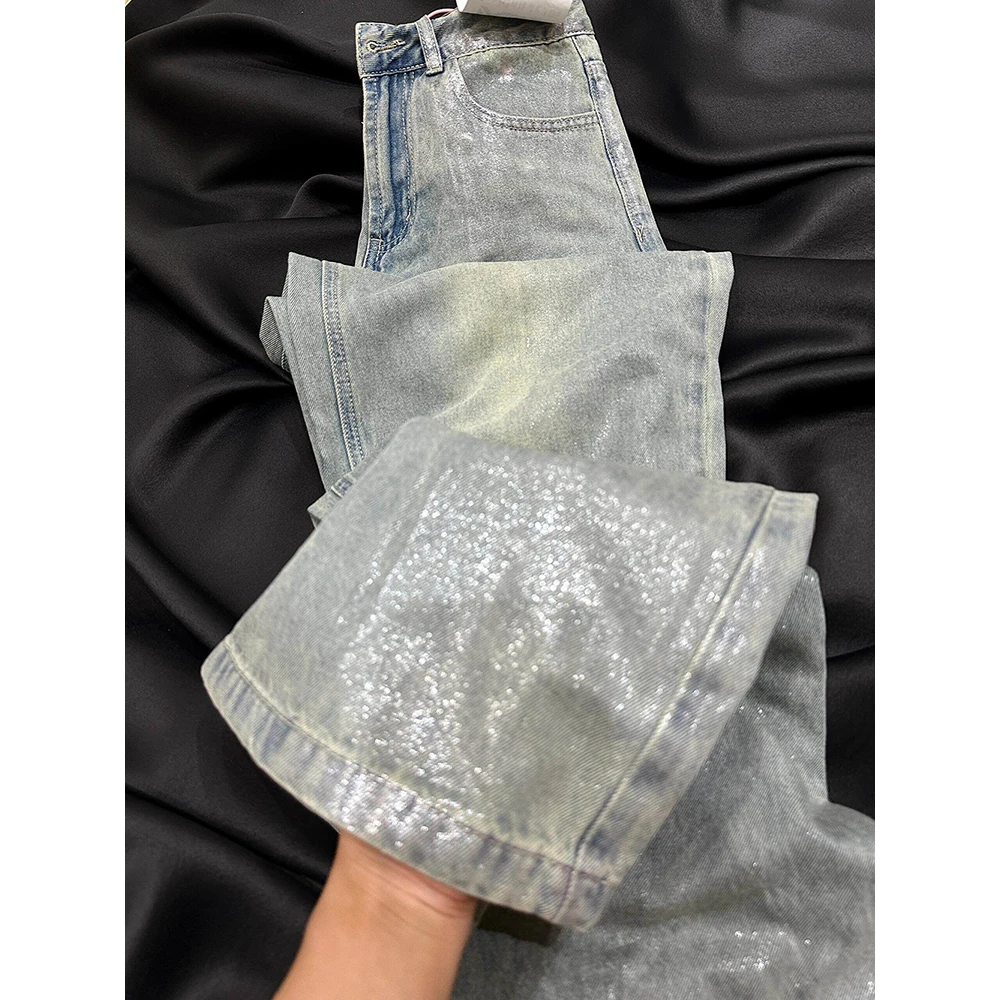 Trendy Silver Blue Jeans for Women Spring Autumn Shiny Sequin Coated Denim Pants Streetwear High Waist Straight Wide Lge Jeans