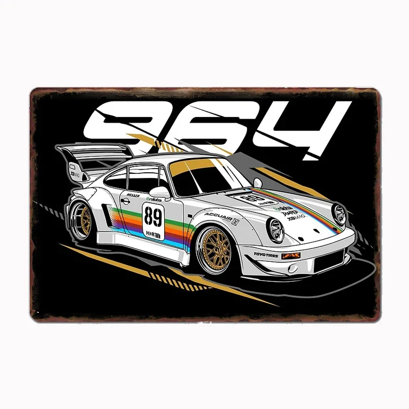 

White RWB 964 Turbo Top Speed Classic Race Car Vintage Metal Poster Sign Club Custom Indoor Wall Tin Sign Room Decor Home Decor