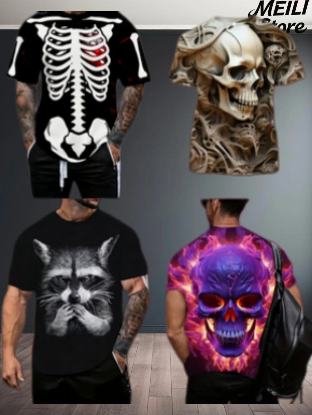 

Male T-Shirts Retro Skeleton Pattern Clothes for Man New Designs Fashion Punk T-Shirt Harajuku Short Sleeve Cool Street Y2k Tops