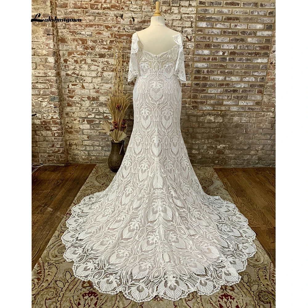 Lakshmigown Plus Size Lace Mermaid Wedding Dresses boho Flutter Sleeves Bridal Gown V-Neck Robe Longue Wedding Gown