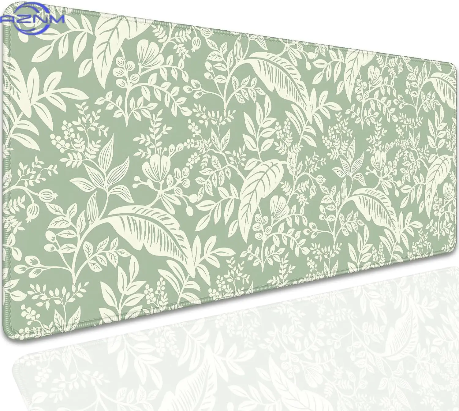 Sage Green Floral Leaf Gaming Mouse Pad, White Plant Branch Print Smooth Edge Non Slip Mat for Gamers Office Home Wireless Mouse
