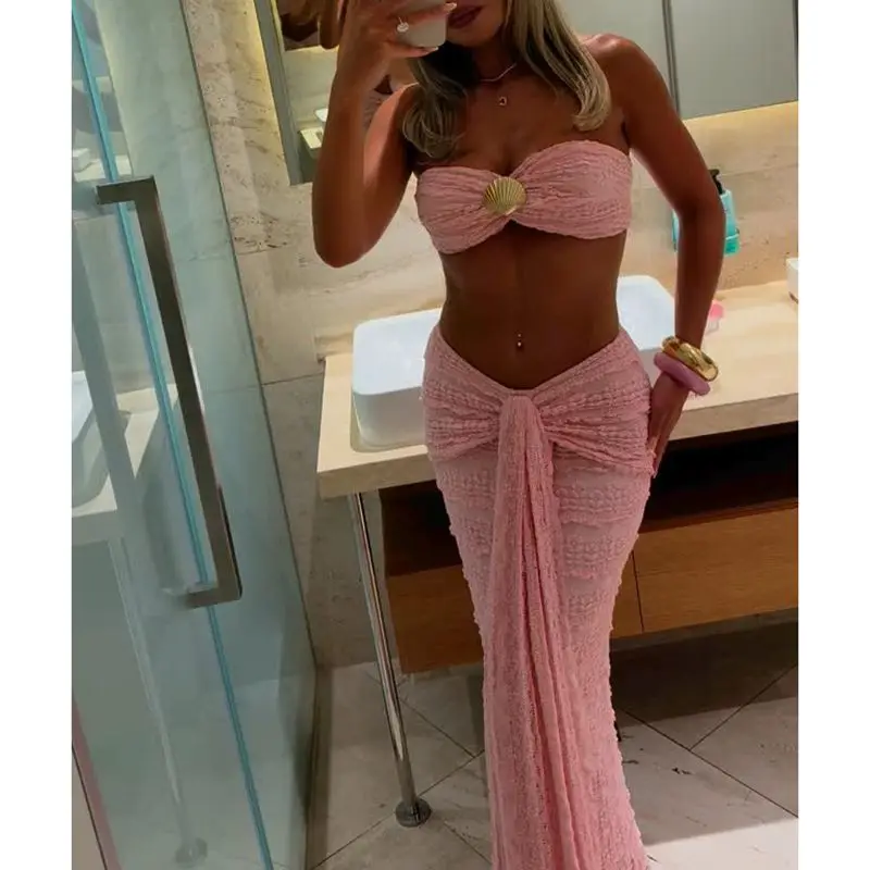 Combhasaki-Conjunto de trajes de verano para mujer, decoración de concha de Metal 3D, sujetador corto sin espalda, Bandeau + cinturón elástico de cintura alta, falda larga con lazo frontal