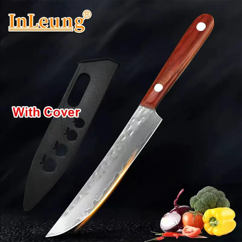 Handgeschmiedetes Damaszener Stahlmesser mit Holzgriff, Superscharfes Multifunktionales Küchenmesser zum Fleisch Schneiden, Obst Schälen und als Kochmesser