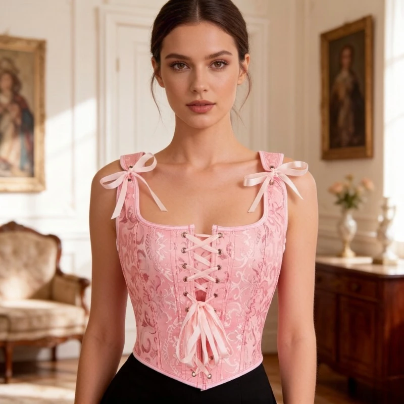 

Red Brocade Corset Top with Shoulder Bow Women Gothic Lace Up Bustier Clubwear