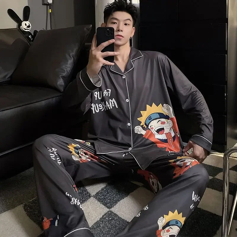 Naruto Pain Pajama Men Anime Sets Silk Satin Pijama Turn-down Collar Long Sleeve Nightwear Male 2 Pieces Sets Cardigan Homewear