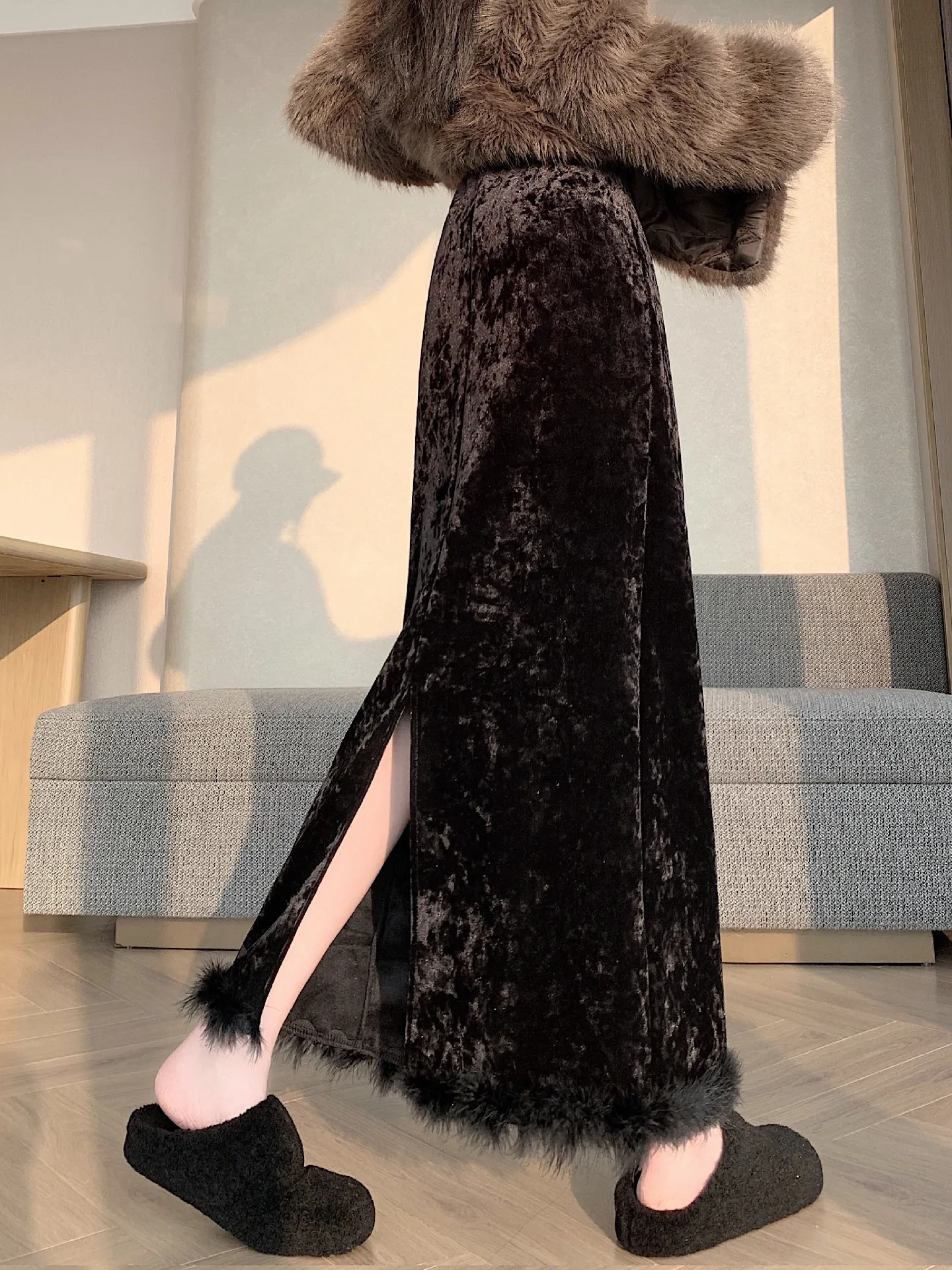 

Bla Velvet A-Line Skirt Women's Faion Spring Autumn Winter High Waist Slim Fit Silk Polyester Elastic Waist Skirt