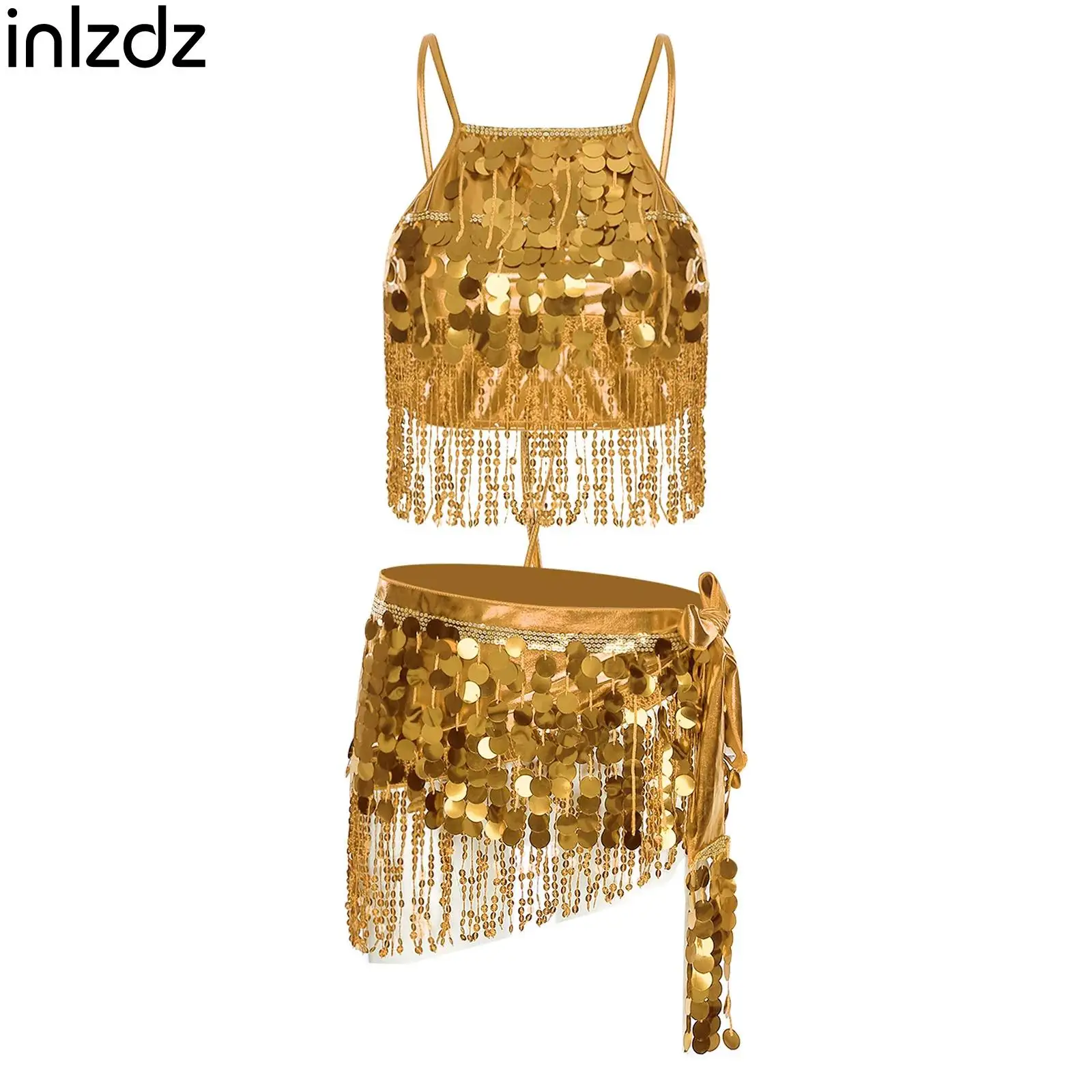 

Belly Dance Costume Set for Women Sequin Tassel Sling Crop Top+Lace-up Hip Scarf 2pcs Training Set Oriental Belly Dancing Wear