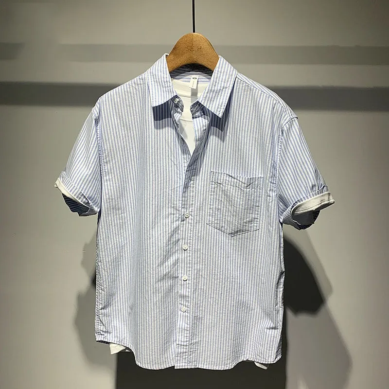 New Chic Summer Fashion Versatile Personalized Splicing Design for Men's Short-sleeved Shirts Trendy Casual Striped Jacket