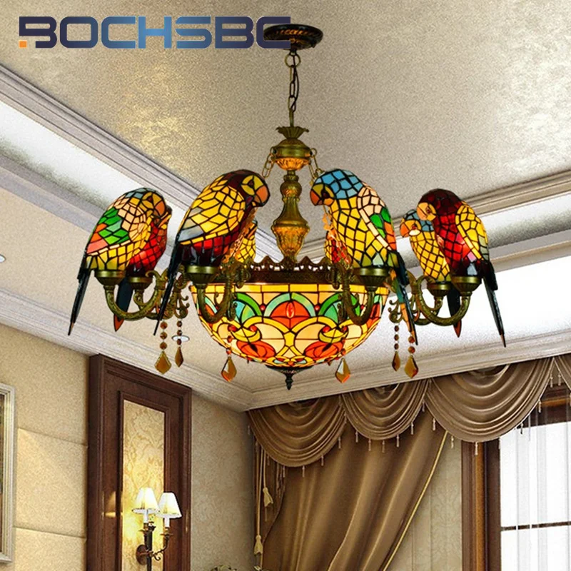 BOCHSBC Tiffany style Pastoral creative stained glass parrot bird multi-head Pendant lamp Living room Restaurant bar LED decor