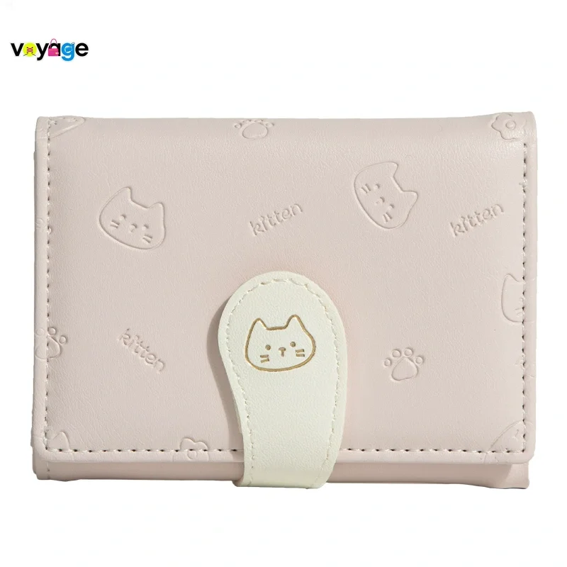 Cartoon Cat Print PU Leather Snap Wallet, Fashion Trifold Short Card Holder for Women, Cute Coin Purse for Girls