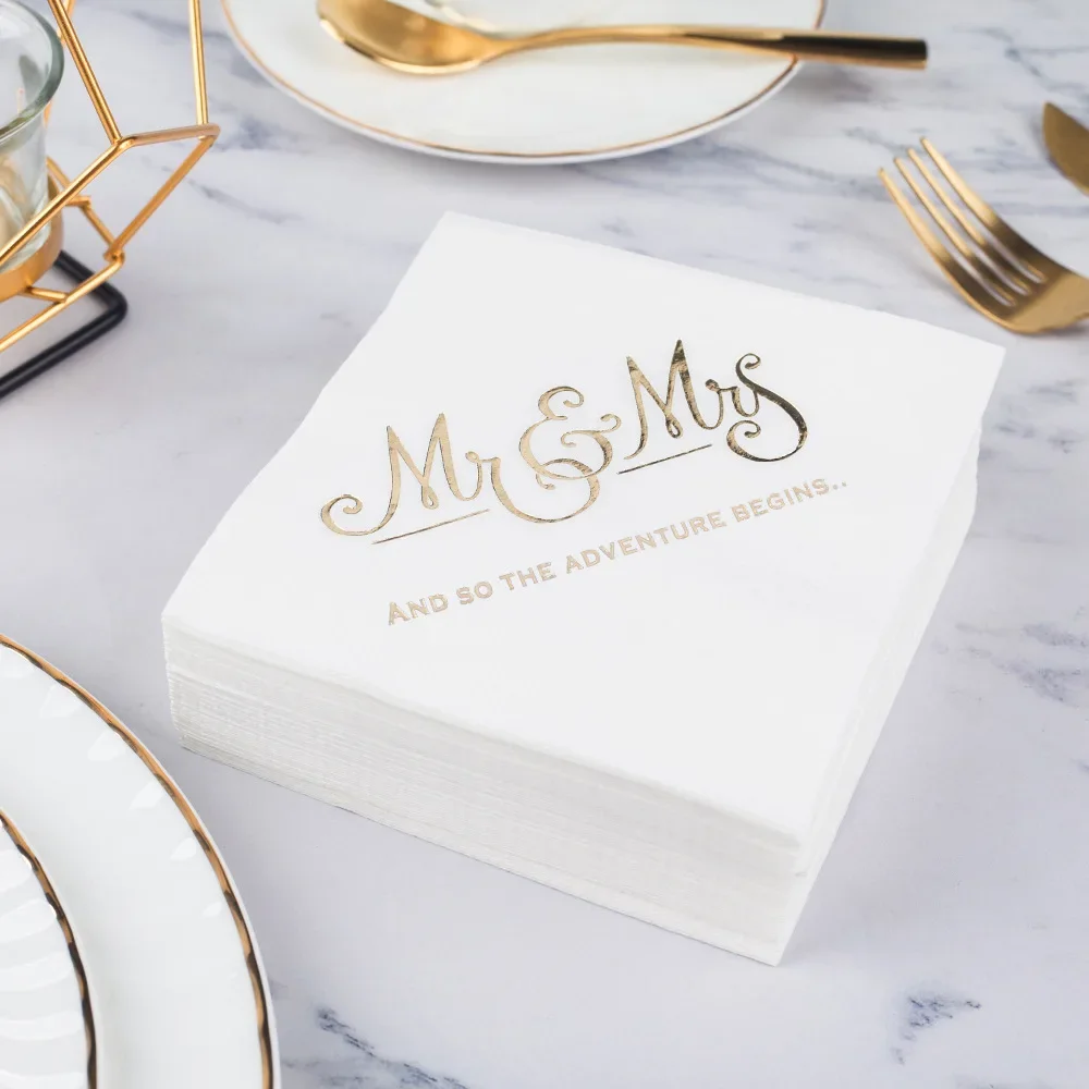 20/100PCS Mr&Mrs Wedding Paper Napkins Disposable 3PLY 10inch Bronzing Cocktail Beverage Dessert Napkins for Wedding Anniversary