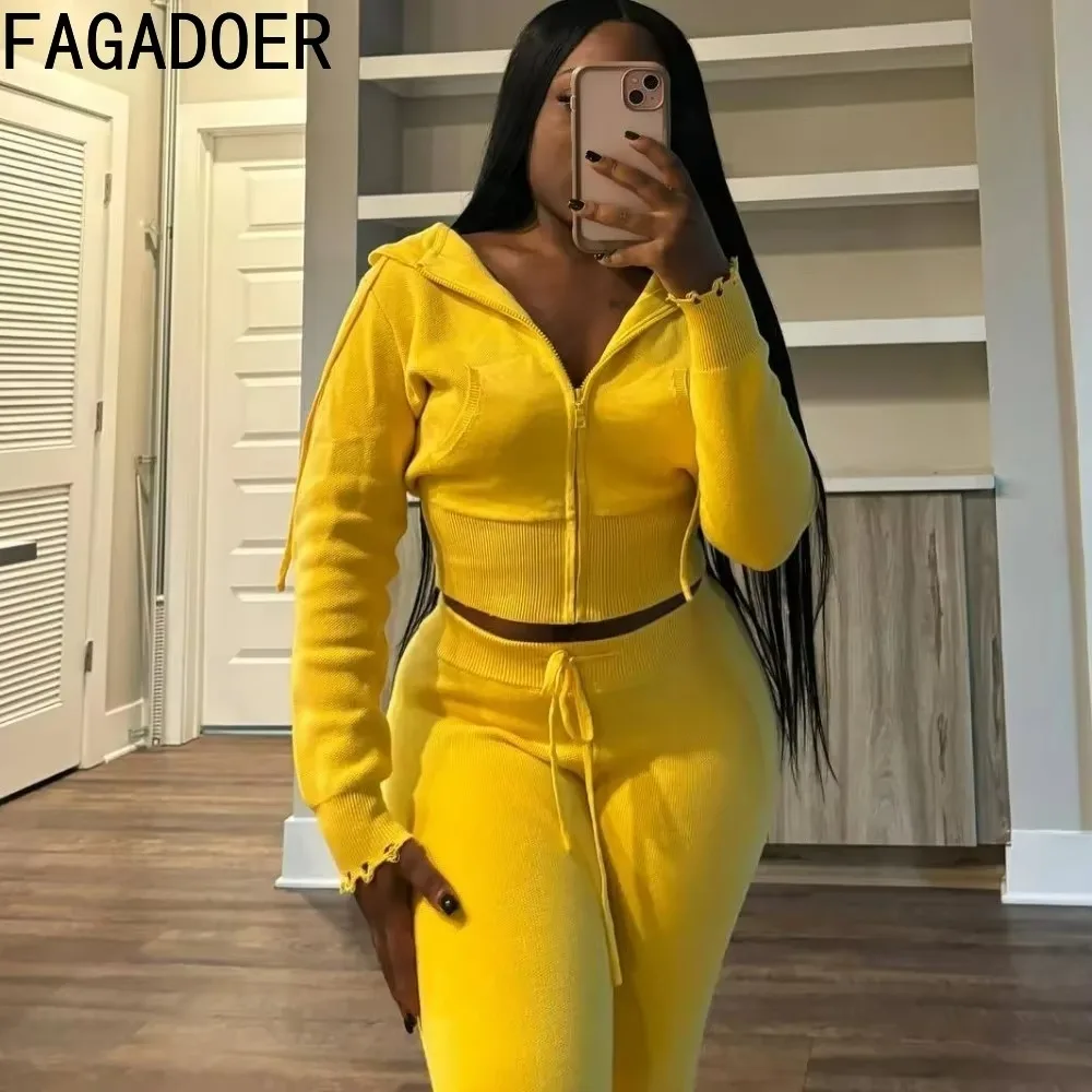 FAGADOER Casual Knitting 2 Piece Sets Women Outfit Solid Color Zip Crop Hooded Top + Flare Pants Suits Female Streetwear 2025