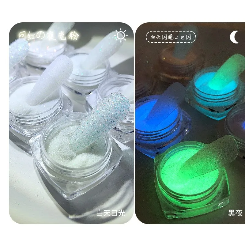 1Jar Lichtgevende Pigment Poeder Glow In The Dark Nail Suger Poeder Nacht Fluorescerende Pigment Stof Manicure DIY Nail Glitter Poeders