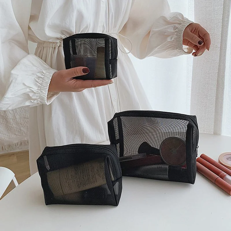 Bolsas de maquillaje de 4 estilos para mujer, estuche de cosméticos negro de malla transparente, bolsa de almacenamiento de herramientas para