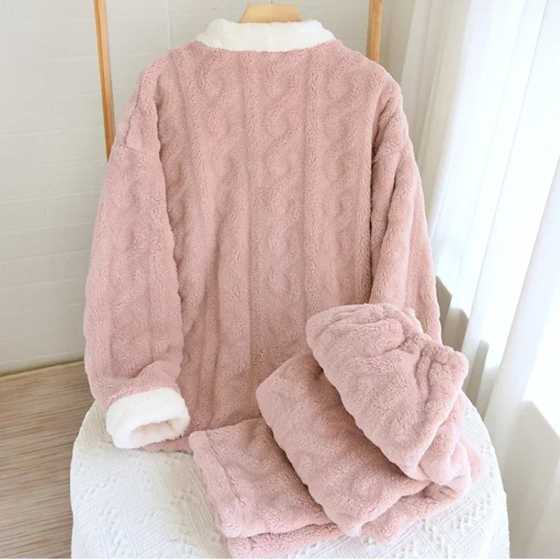 

Winter Coral Fleece Pajama Sets Women Panelled Sleepwear Gentle Warm Cozy Thick Sweet Home Ulzzang Fashion New V-neck Loungewear