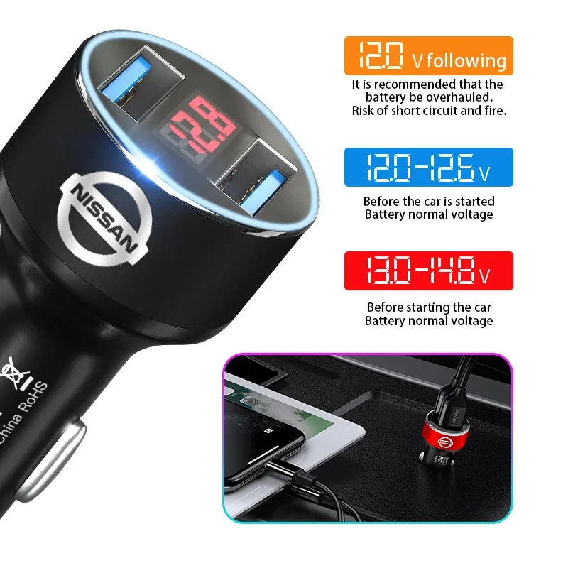 شاحن سيارة 2 منافذ USB شحن سريع شاشة ديجيتال اكسسوارات السيارات لنيسان نيسمو قاشقاي Teana X Trail T32 T31 Tiida Juke
