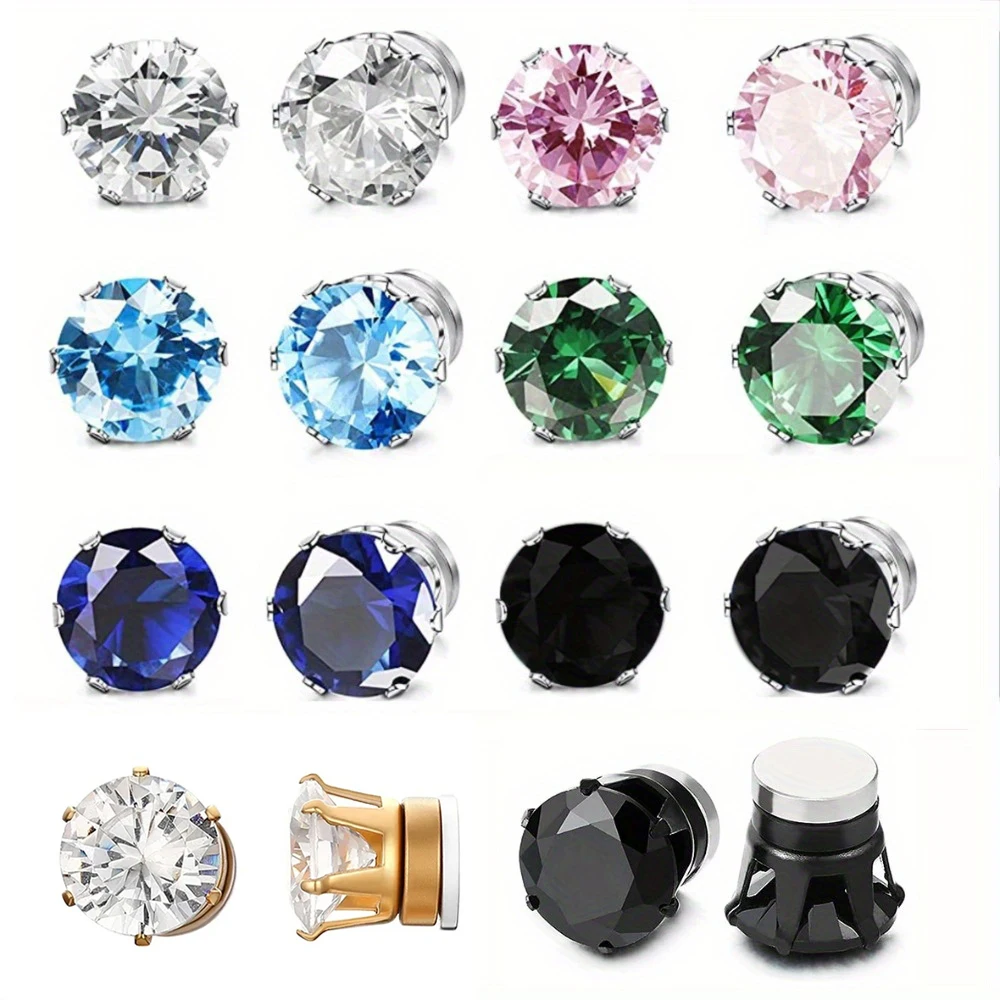 2pcs/pair Unisex Magnetic Ear Studs Six Claw Round Cubic Zirconia Clip Earrings Non Piercing Daily Wear Jewelry For Men Women