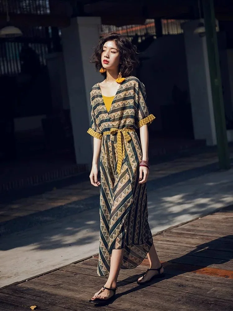 Women Chiffon Striped Beach Holiday Long Dress Tropical Thailand Bali Maldive Bohemian Dress Lady Asymmetric Elegant Sundress