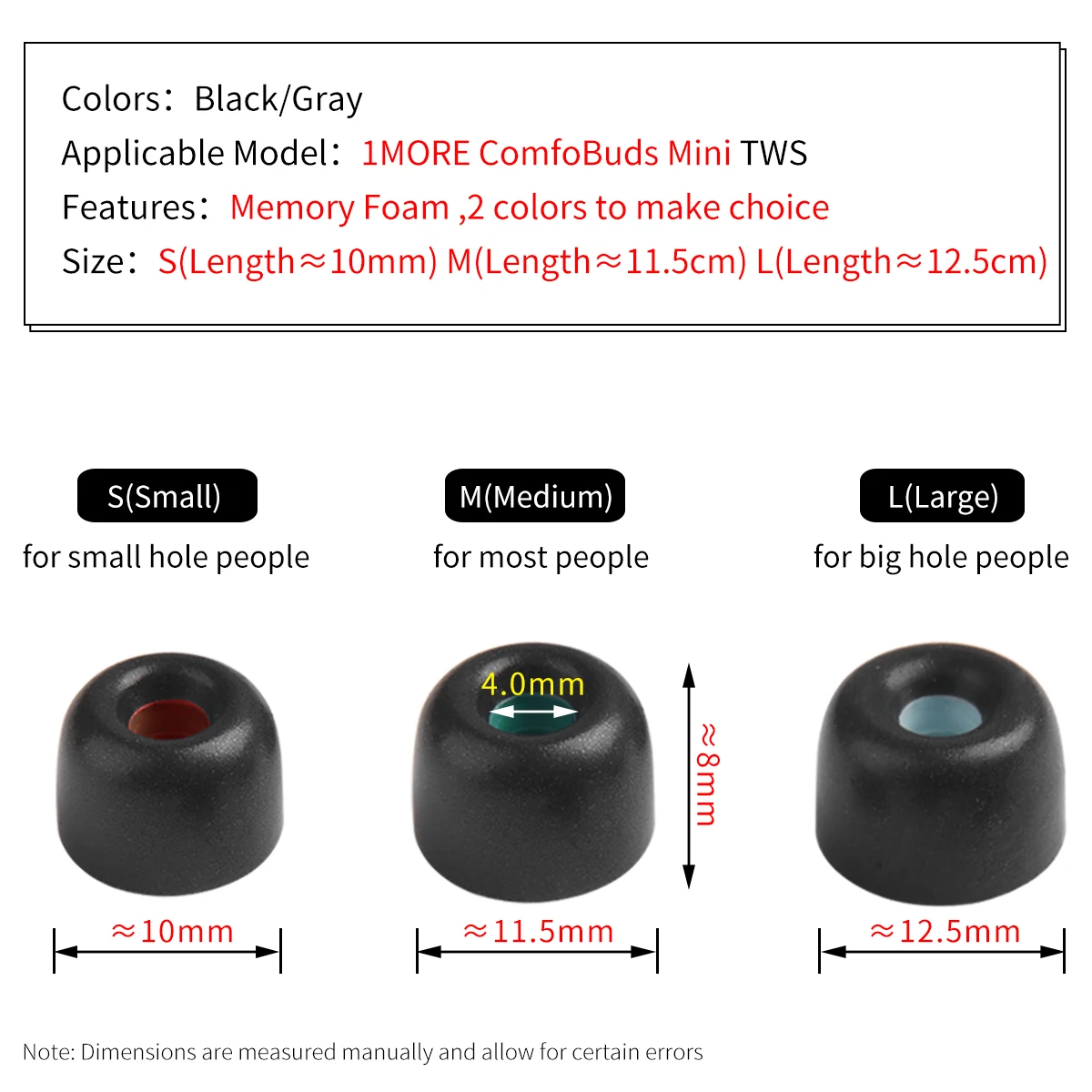 4Pcs Memory Foam Ear Tips for 1MORE ComfoBuds Mini Earbuds Eartips Ture Wireless Earphone Tips 4-5mm