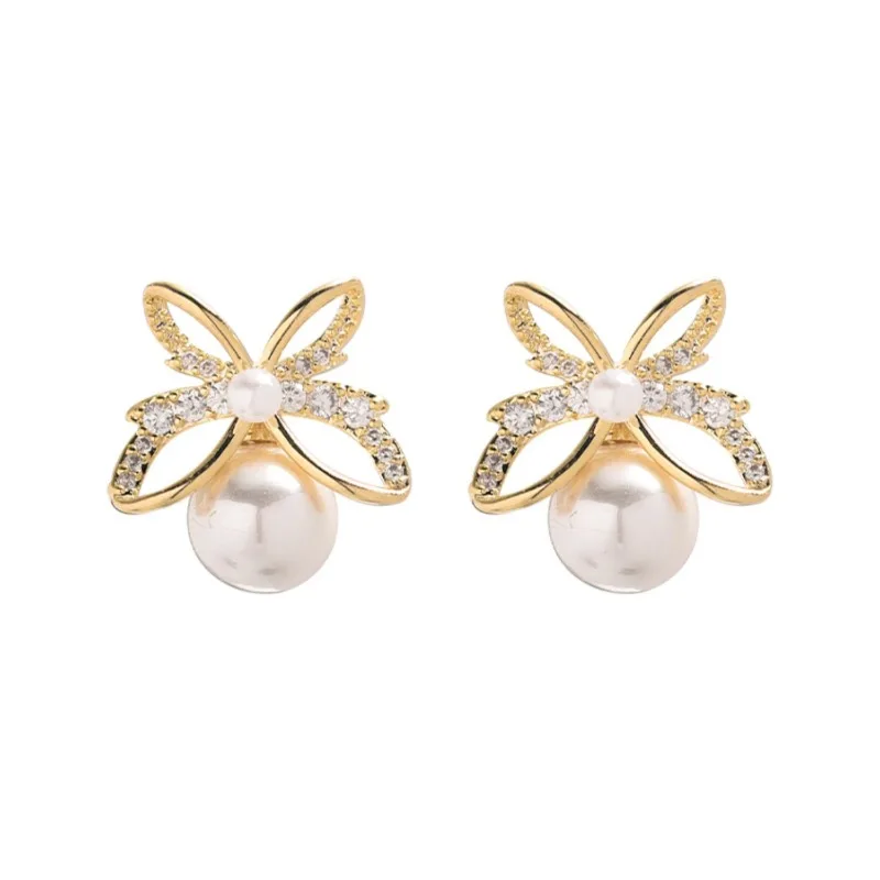 

H Silver Needle Earrings Butterfly Pearl Stud Earrings Femininity Earrings Premium Rose Gold