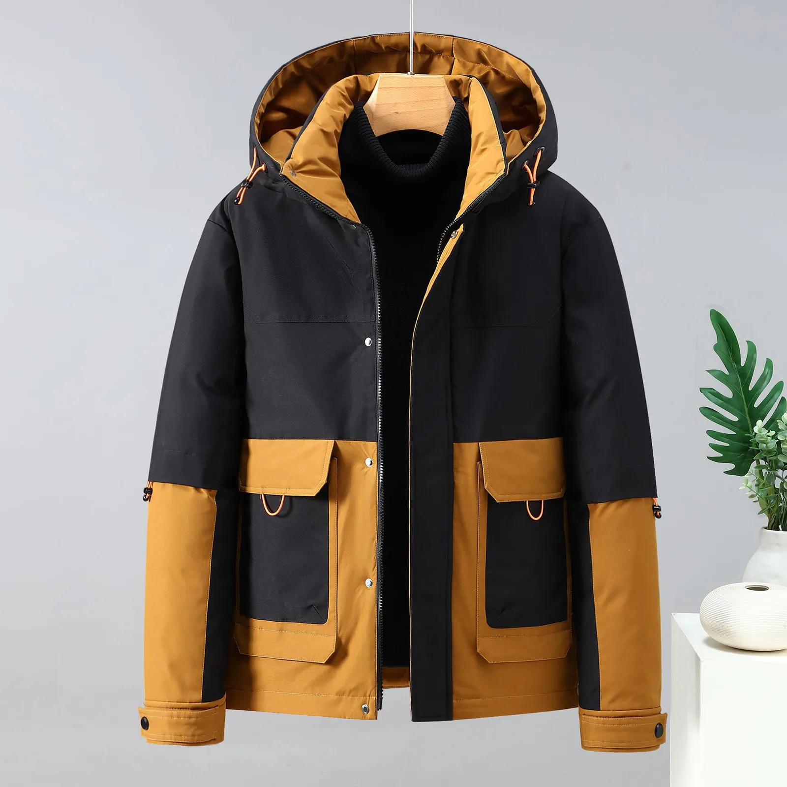 

Mens Hooded Outdoor Jacket Two Color Splicing Cotton Padded Coat Detachable Hat Drawstring Long Sleeve Zipper down Jacket for