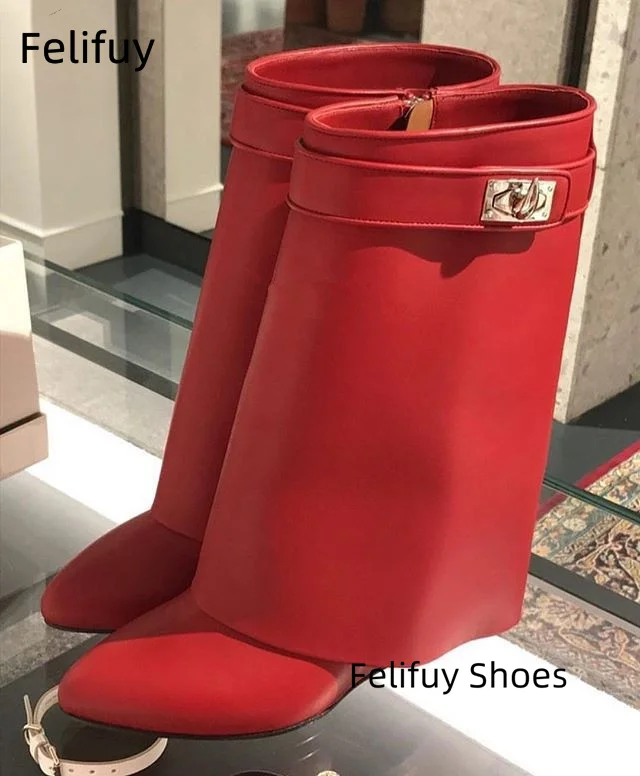 New Height Increasing Women Mid-Calf Boots Shark Lock Metal Decoration Genuine Leather Wedge Shoes women fashion Mid-calf boots