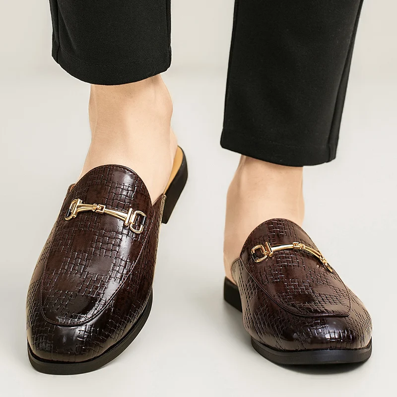 

Casual men's half slippers Classic retro flat bottomed style Outdoor Leisure Party And daily life Walking Black leather shoes