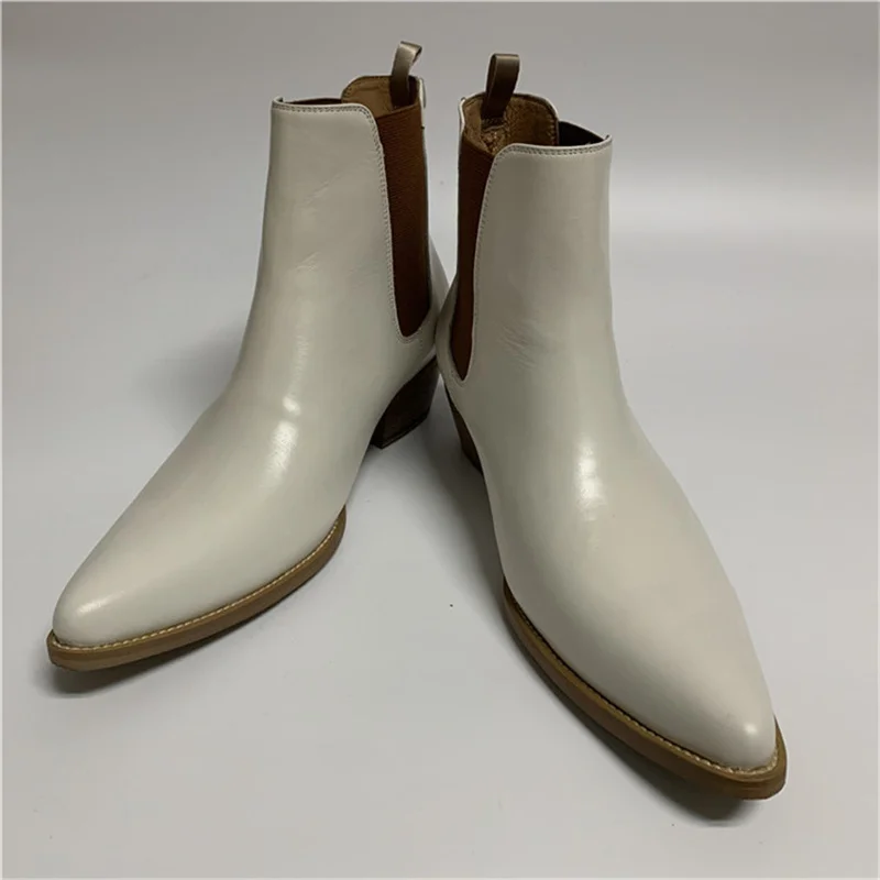 Milk White Cowhide Genuine Leather Pionted Toe Personalized High Top Denim Chelsea Boots