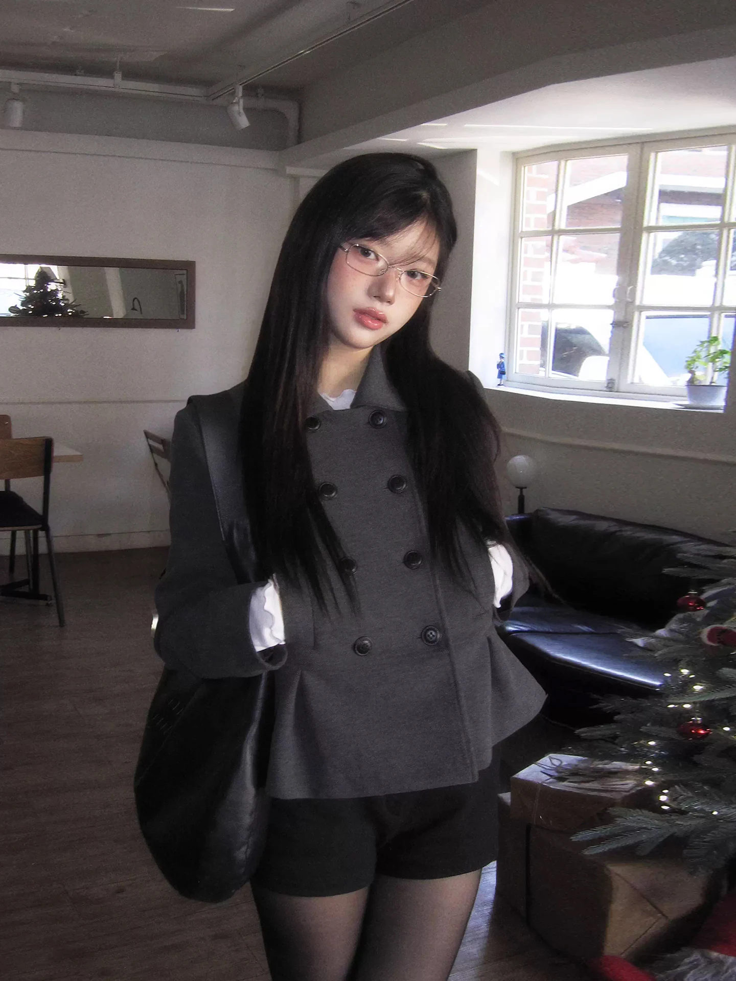 Slimming Plaid Woolen Short Coat Women's Double-breasted Patchwork Pleated Suit Korean Style Commute Winter Fashion Outerwear