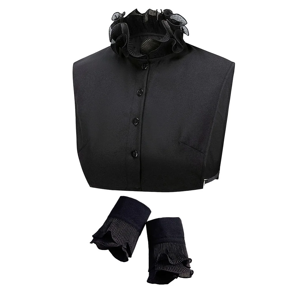 1Pc Detachable Chiffon Shirt Women False Collar Neckline Trim DIY Garment Accessories with 1 Pair Cotton Removable Sleeves Black