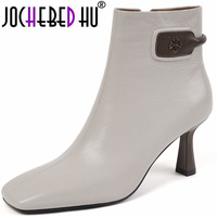 【JOCHEBED HU】Winter Shoes Woman Brand Genuine Leather Ankle Boots Woman Metal Decora Square-Toes Super High Hees Boots 33-40