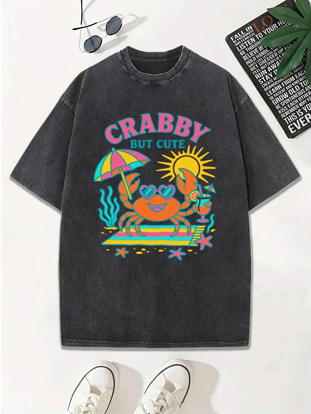 

Crabby But Cute Vacation Crab Prints Washed T-Shirt Women Cotton Oversized Tops Summer Distressed O-Neck T Shirt Casual Clothes
