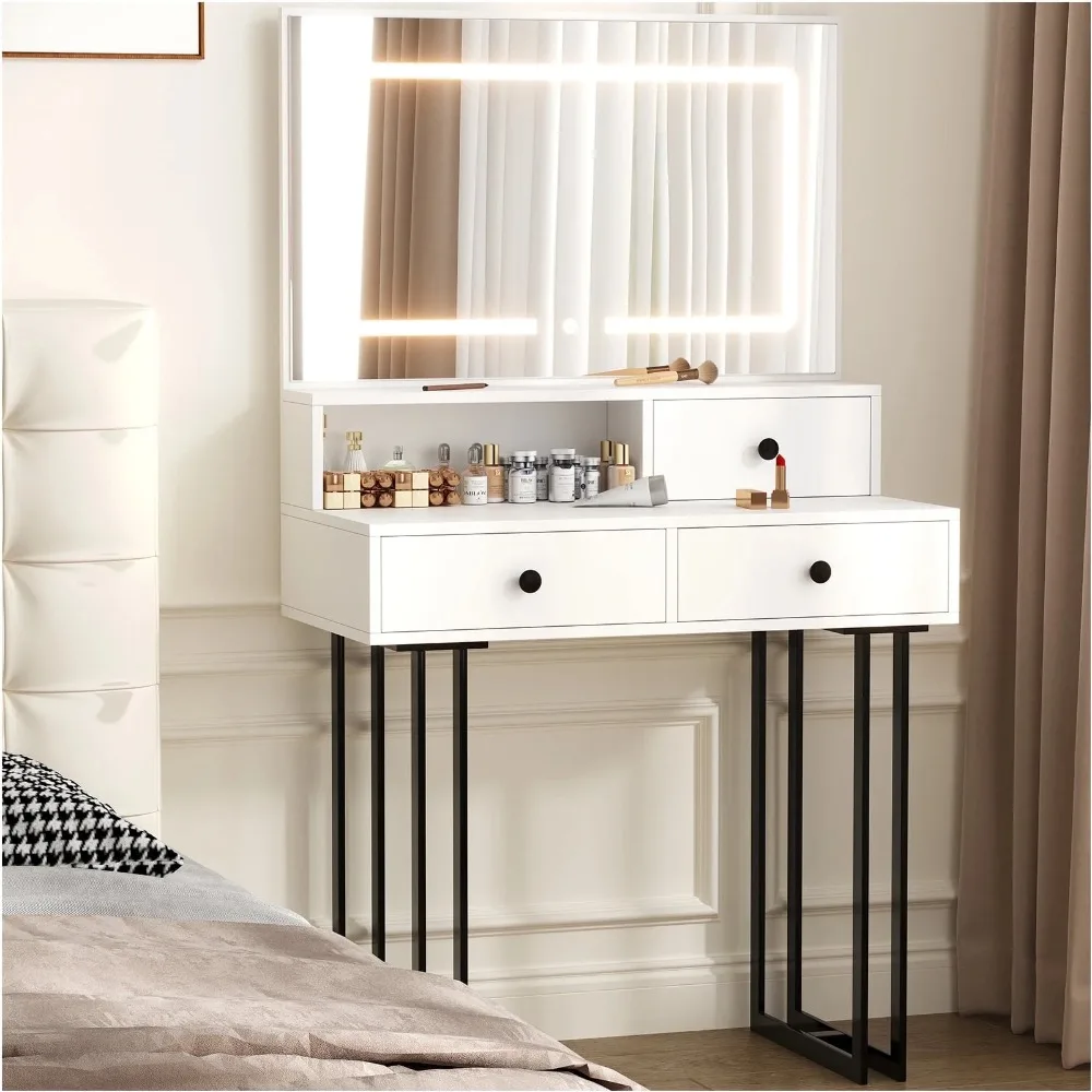 

Vanity with Lights and Mirror, White Makeup Vanity Desk with Drawers Dressing Tables Dresser Desk for Girls Women Valentine's