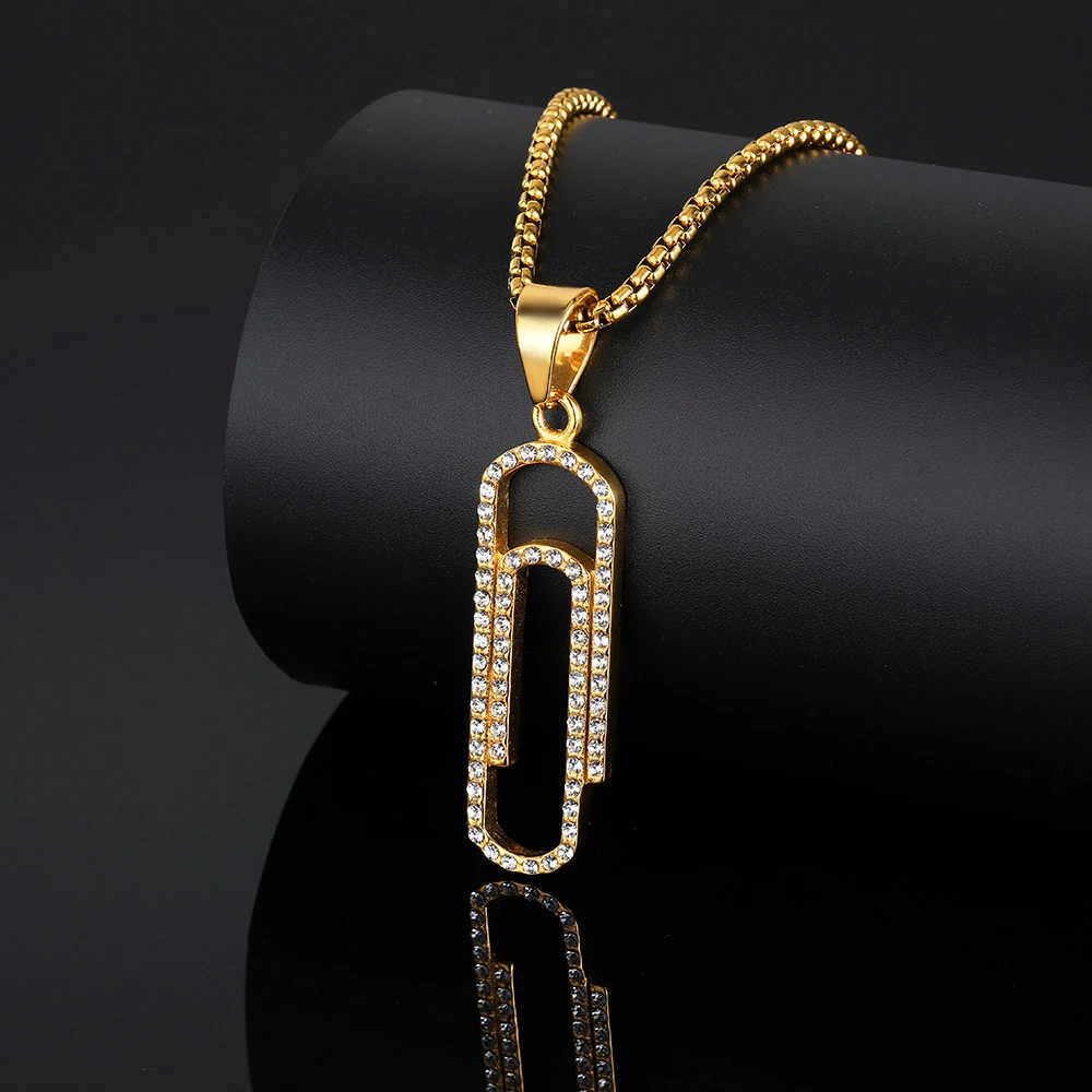 Hip Hop Iced Out Bling Paper Clip Pendant Statement Gold Color Stanless Steel Charm Necklace For Men Women Jewelry Dropshipping