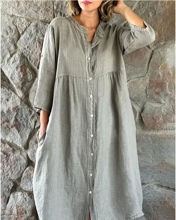 Summer New Retro Large Women's Cotton and Hemp Casual Shirt Solid Color Casual Button Long Dress