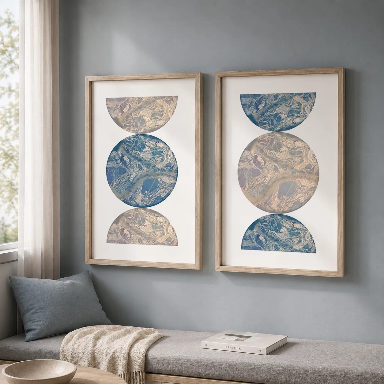 Abstract Wall Art Blue Beige Geometric Half Circle Canvas Painting Nordic Style Poster Prints for Bedroom Living Room Wall Decor